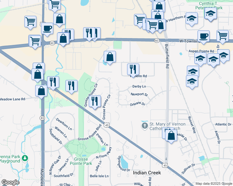 map of restaurants, bars, coffee shops, grocery stores, and more near 1179 Orleans Drive in Mundelein