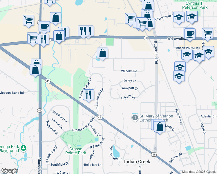 map of restaurants, bars, coffee shops, grocery stores, and more near 1179 Orleans Drive in Mundelein