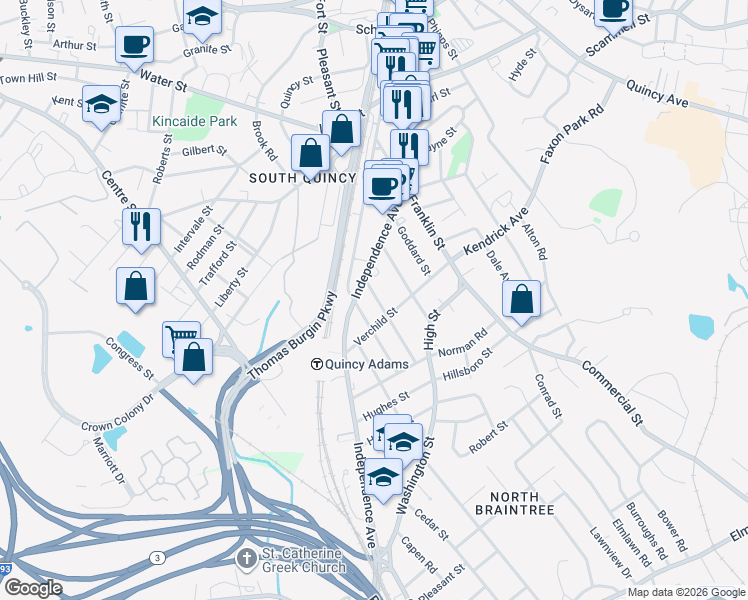 map of restaurants, bars, coffee shops, grocery stores, and more near 19 Plymouth Street in Quincy