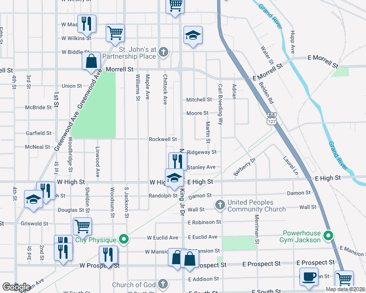 map of restaurants, bars, coffee shops, grocery stores, and more near 1107 Francis Street in Jackson