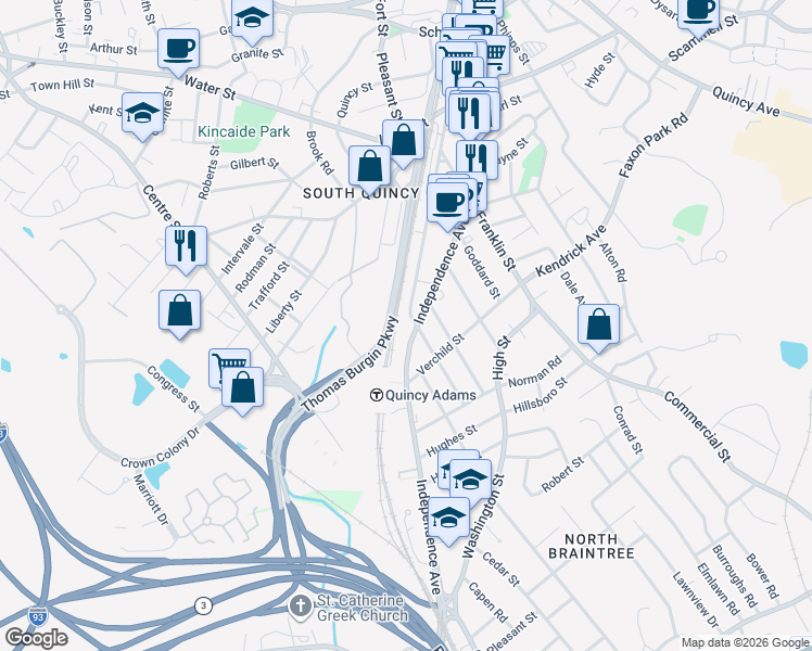 map of restaurants, bars, coffee shops, grocery stores, and more near 103 Independence Avenue in Quincy