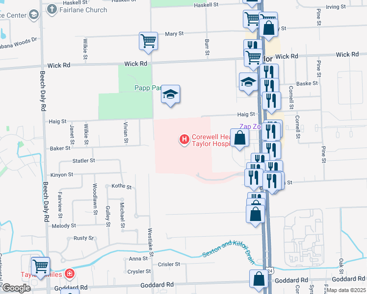 map of restaurants, bars, coffee shops, grocery stores, and more near 10000 Telegraph Road in Taylor