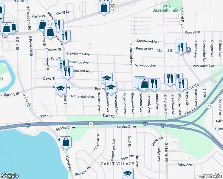 map of restaurants, bars, coffee shops, grocery stores, and more near 1076 Ecorse Road in Ypsilanti