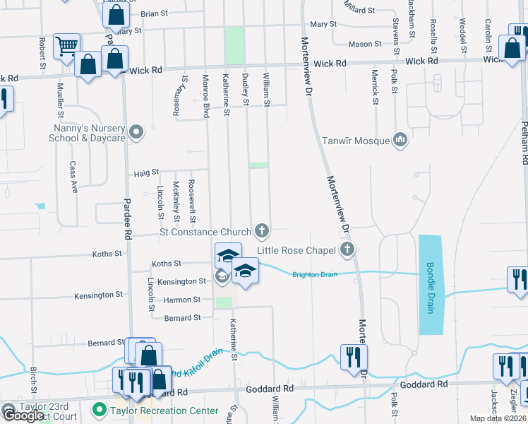 map of restaurants, bars, coffee shops, grocery stores, and more near 9811 William Street in Taylor