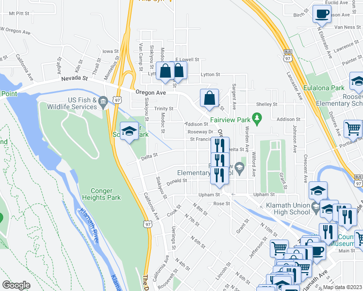 map of restaurants, bars, coffee shops, grocery stores, and more near 1612 Lakeview Avenue in Klamath Falls