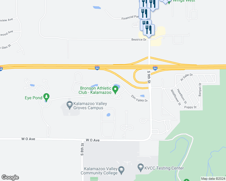 map of restaurants, bars, coffee shops, grocery stores, and more near 7107 Elm Valley Dr in Kalamazoo