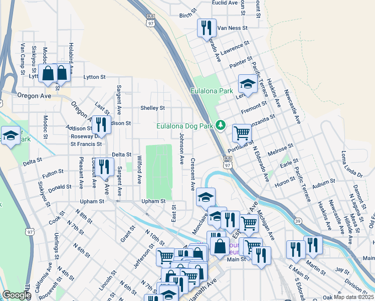 map of restaurants, bars, coffee shops, grocery stores, and more near 1600 Crescent Avenue in Klamath Falls