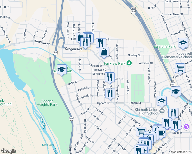 map of restaurants, bars, coffee shops, grocery stores, and more near 1616 Pleasant Avenue in Klamath Falls