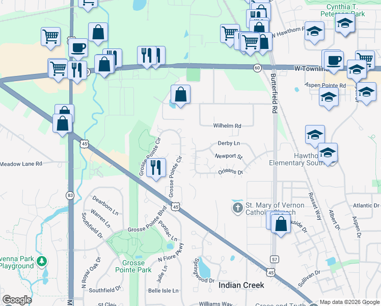 map of restaurants, bars, coffee shops, grocery stores, and more near 1173 Orleans Drive in Mundelein