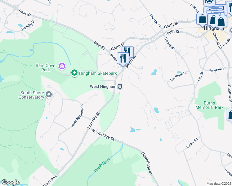 map of restaurants, bars, coffee shops, grocery stores, and more near 30 Fort Hill Street in Hingham