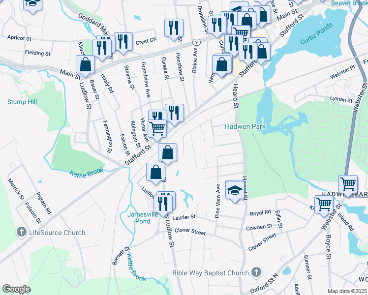 map of restaurants, bars, coffee shops, grocery stores, and more near 19 James Street in Worcester