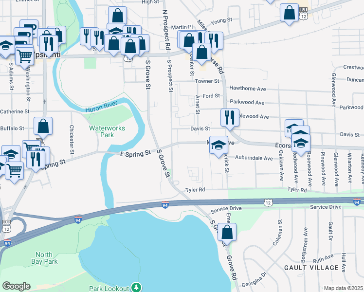 map of restaurants, bars, coffee shops, grocery stores, and more near 505 Maus Avenue in Ypsilanti