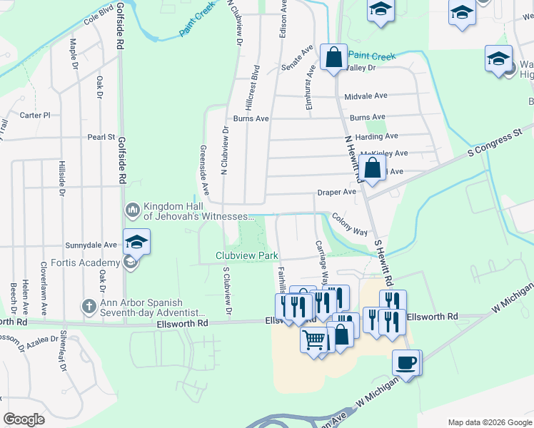 map of restaurants, bars, coffee shops, grocery stores, and more near 2496 Colony Way in Ypsilanti