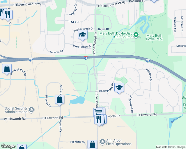 map of restaurants, bars, coffee shops, grocery stores, and more near 3501 Pheasant Run Circle in Ann Arbor
