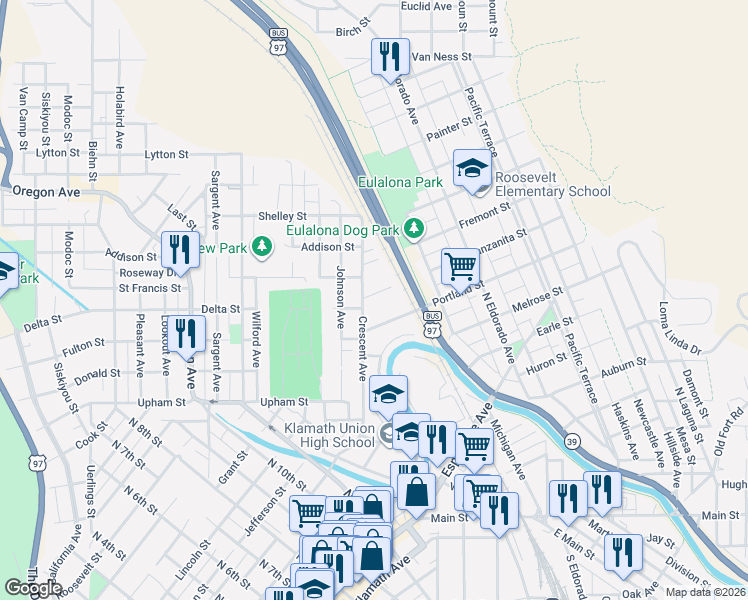 map of restaurants, bars, coffee shops, grocery stores, and more near 1644 Manzanita Street in Klamath Falls