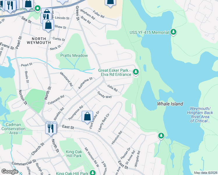 map of restaurants, bars, coffee shops, grocery stores, and more near 6 Frank Road in Weymouth
