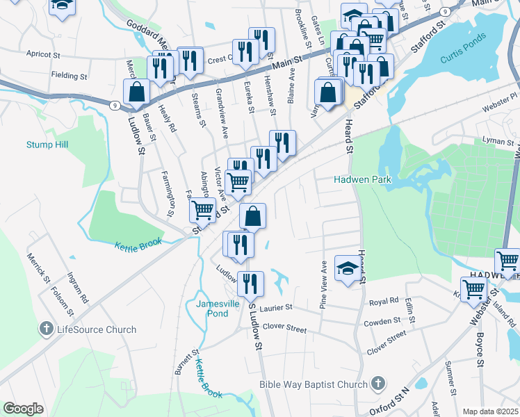 map of restaurants, bars, coffee shops, grocery stores, and more near 19 James Street in Worcester