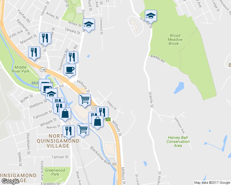 map of restaurants, bars, coffee shops, grocery stores, and more near 14 Albion Street in Worcester