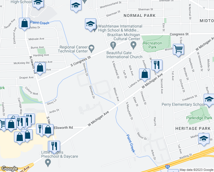 map of restaurants, bars, coffee shops, grocery stores, and more near 301 Stevens Drive in Ypsilanti