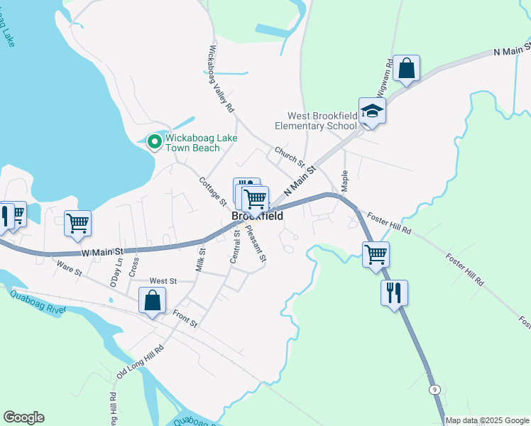 map of restaurants, bars, coffee shops, grocery stores, and more near Massachusetts 67 in West Brookfield
