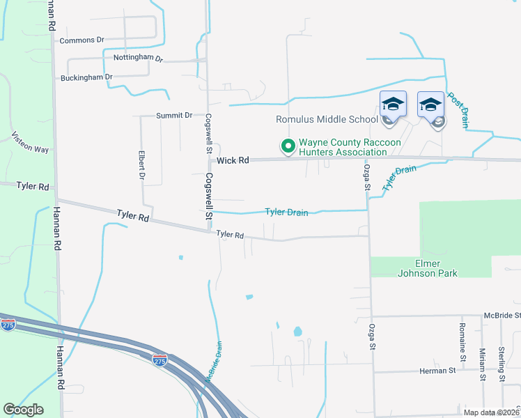 map of restaurants, bars, coffee shops, grocery stores, and more near 38280 Tyler Road in Romulus