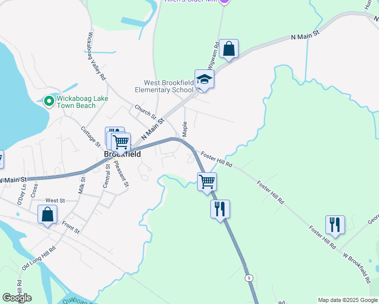 map of restaurants, bars, coffee shops, grocery stores, and more near 85 East Main Street in West Brookfield