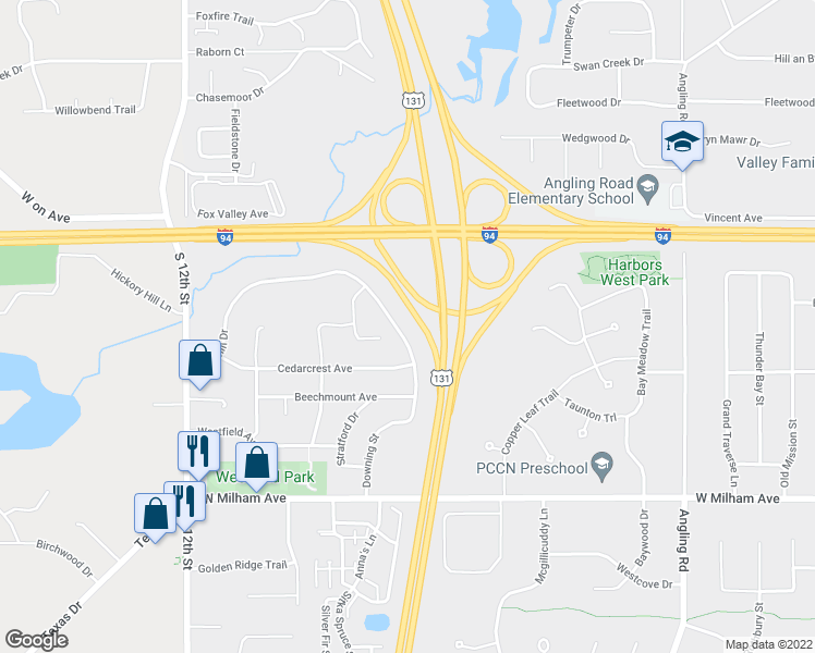 map of restaurants, bars, coffee shops, grocery stores, and more near 5631 Downing Street in Portage