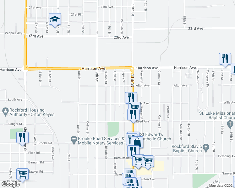 map of restaurants, bars, coffee shops, grocery stores, and more near 2722 10th Street in Rockford