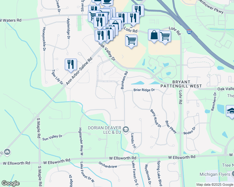 map of restaurants, bars, coffee shops, grocery stores, and more near 3483 Burnham Road in Ann Arbor