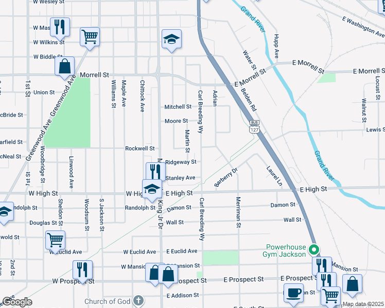 map of restaurants, bars, coffee shops, grocery stores, and more near 1103 Martin Street in Jackson