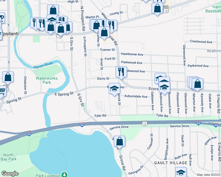 map of restaurants, bars, coffee shops, grocery stores, and more near 722 Maus Avenue in Ypsilanti
