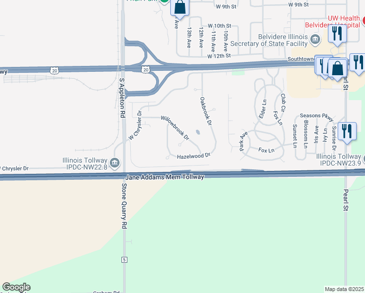 map of restaurants, bars, coffee shops, grocery stores, and more near 1430 Willowbrook Court in Belvidere