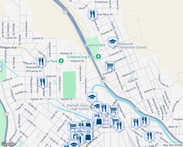 map of restaurants, bars, coffee shops, grocery stores, and more near 1644 Manzanita Street in Klamath Falls