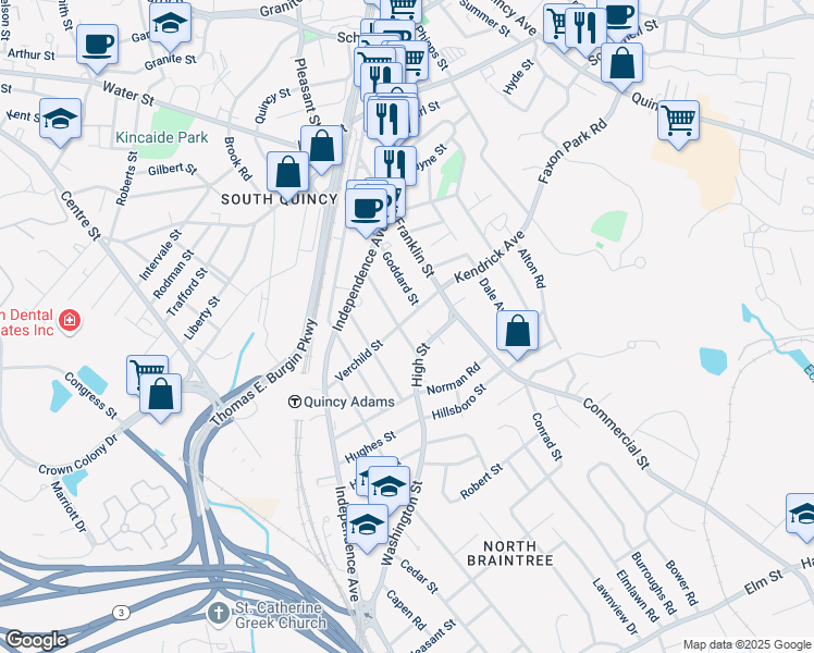 map of restaurants, bars, coffee shops, grocery stores, and more near 32 Verchild Street in Quincy