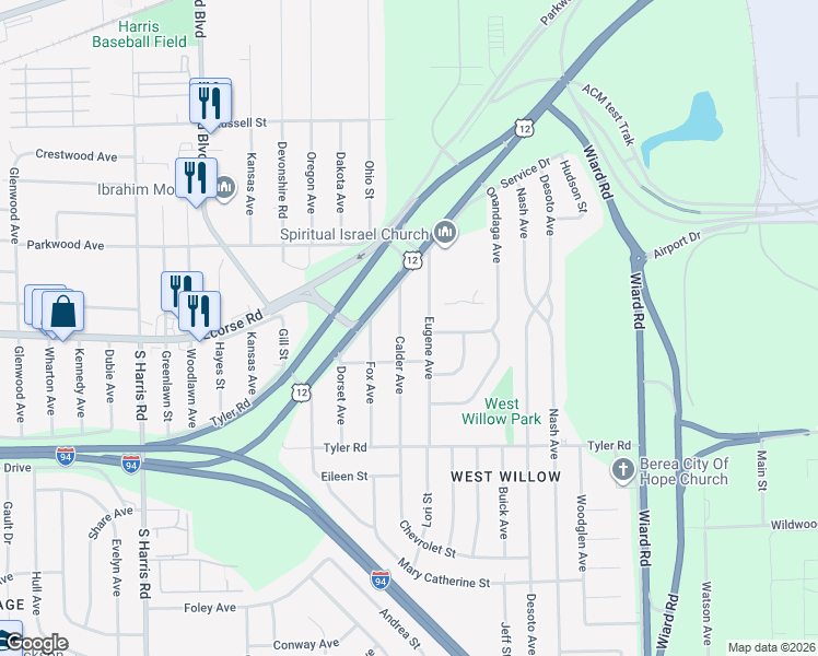 map of restaurants, bars, coffee shops, grocery stores, and more near 600 Calder Avenue in Ypsilanti