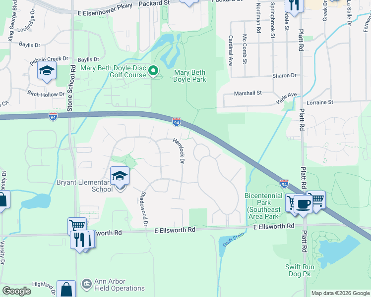 map of restaurants, bars, coffee shops, grocery stores, and more near 2166 Hemlock Drive in Ann Arbor