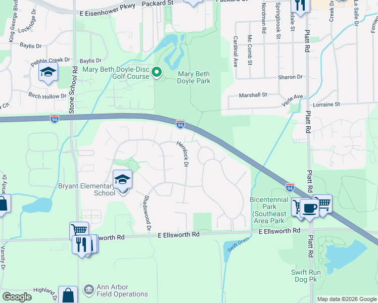 map of restaurants, bars, coffee shops, grocery stores, and more near 2166 Hemlock Drive in Ann Arbor