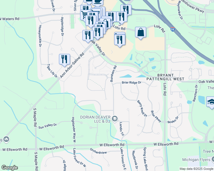 map of restaurants, bars, coffee shops, grocery stores, and more near 3483 Burnham Road in Ann Arbor