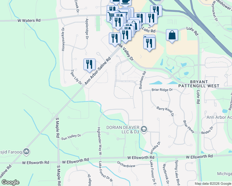 map of restaurants, bars, coffee shops, grocery stores, and more near 3539 Bent Trail Drive in Ann Arbor