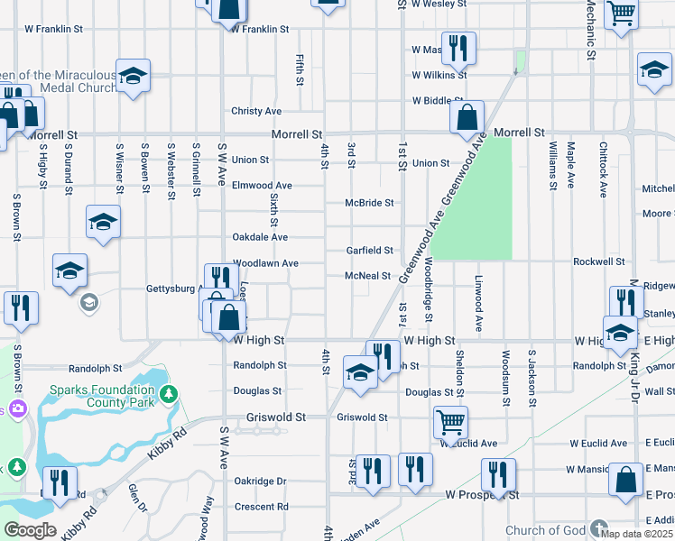 map of restaurants, bars, coffee shops, grocery stores, and more near 1122 4th Street in Jackson