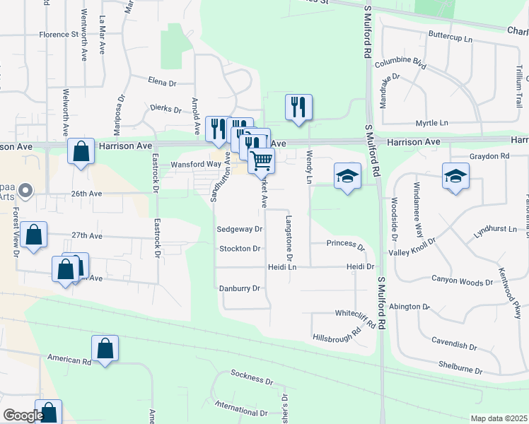 map of restaurants, bars, coffee shops, grocery stores, and more near 5680 Petworth Drive in Rockford