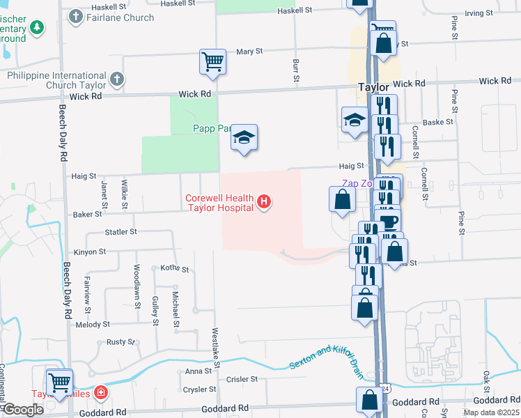 map of restaurants, bars, coffee shops, grocery stores, and more near 10000 Telegraph Road in Taylor