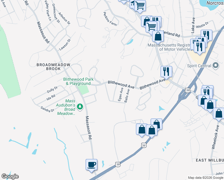 map of restaurants, bars, coffee shops, grocery stores, and more near 6 Broome Avenue in Worcester