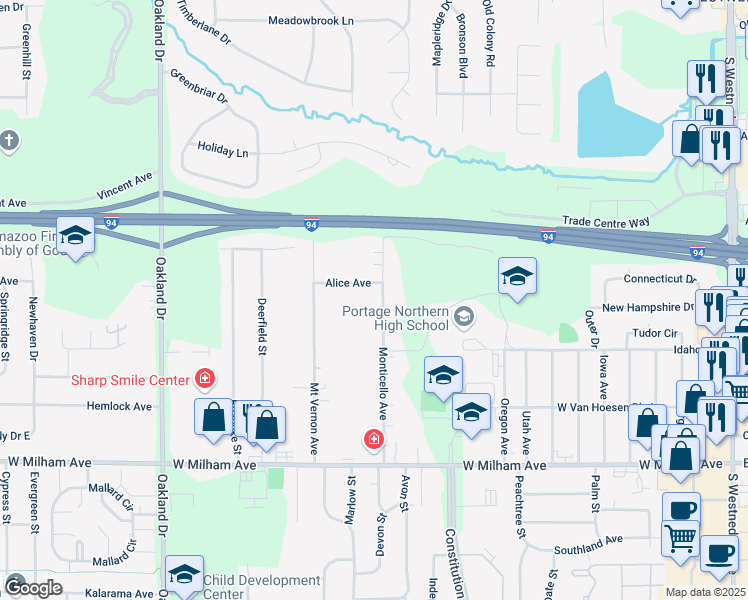 map of restaurants, bars, coffee shops, grocery stores, and more near 5620 Monticello Avenue in Portage