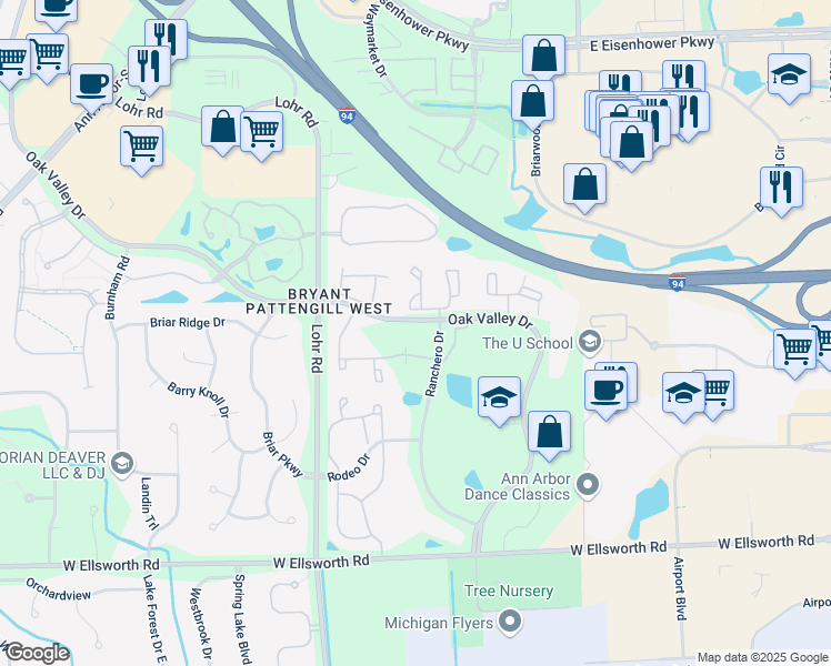 map of restaurants, bars, coffee shops, grocery stores, and more near 1350 Oak Valley Drive in Ann Arbor