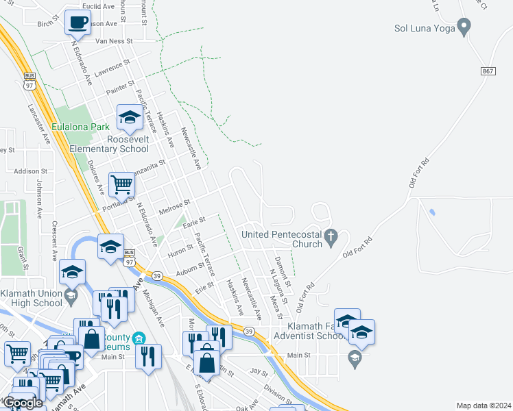 map of restaurants, bars, coffee shops, grocery stores, and more near 945 Loma Linda Drive in Klamath Falls