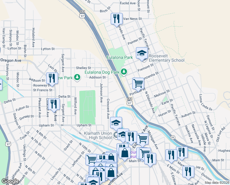 map of restaurants, bars, coffee shops, grocery stores, and more near 1644 Manzanita Street in Klamath Falls