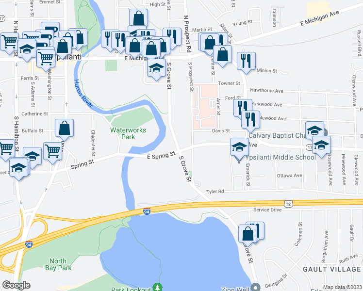 map of restaurants, bars, coffee shops, grocery stores, and more near 225 South Grove Street in Ypsilanti