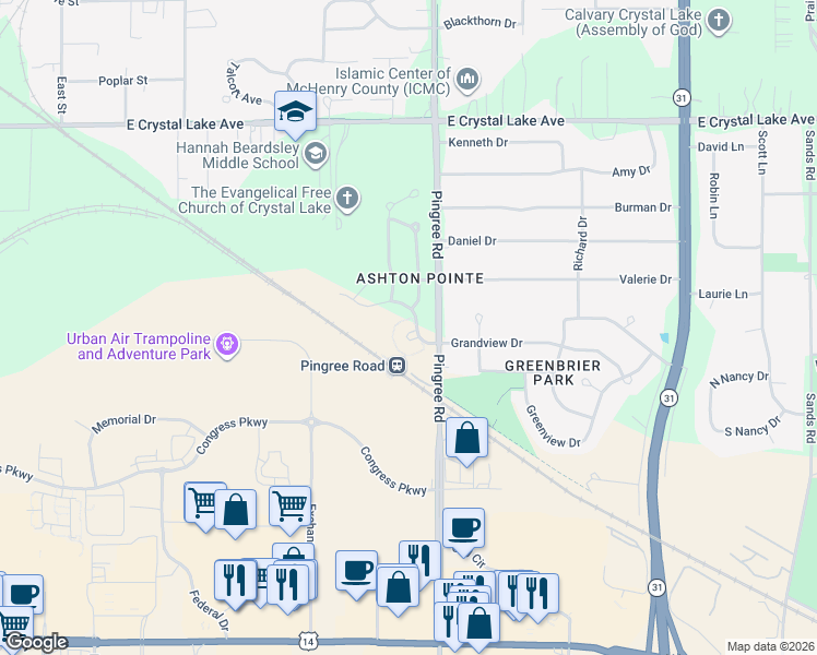 map of restaurants, bars, coffee shops, grocery stores, and more near 810 Oak Hollow Road in Crystal Lake
