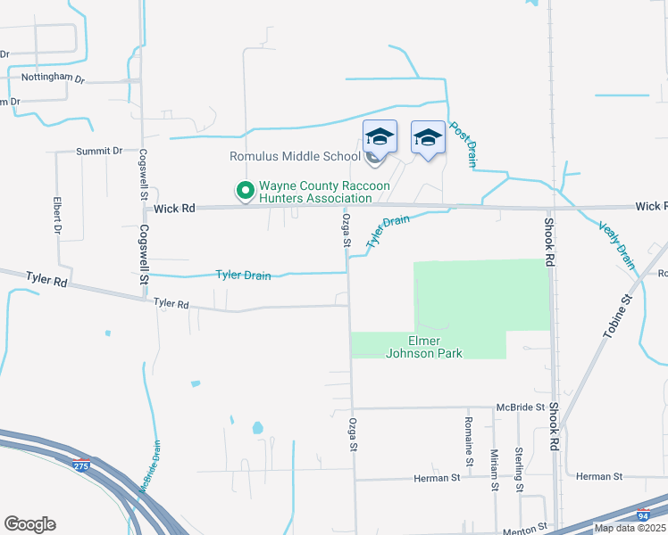 map of restaurants, bars, coffee shops, grocery stores, and more near 9340 Ozga Street in Romulus